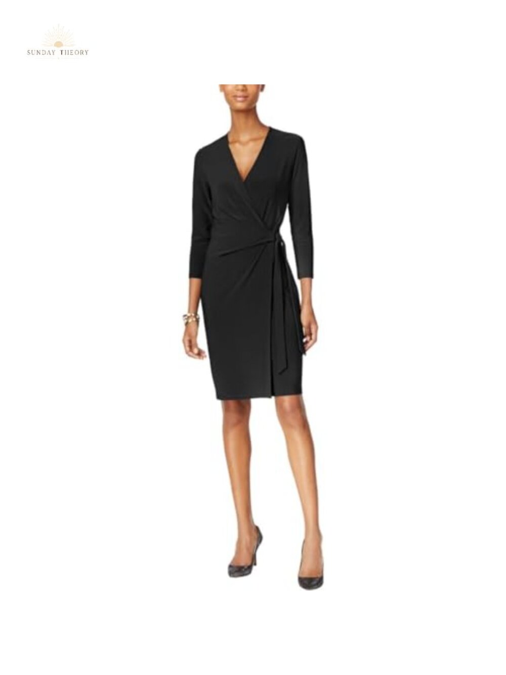 Faux Wrap Dress 3/4 Sleeve V-Neck Business Casual Work Office